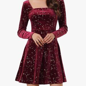 Allegra K Women's Fall Winter Velvet Long Sleeve Dresses Star Square Neck A Line